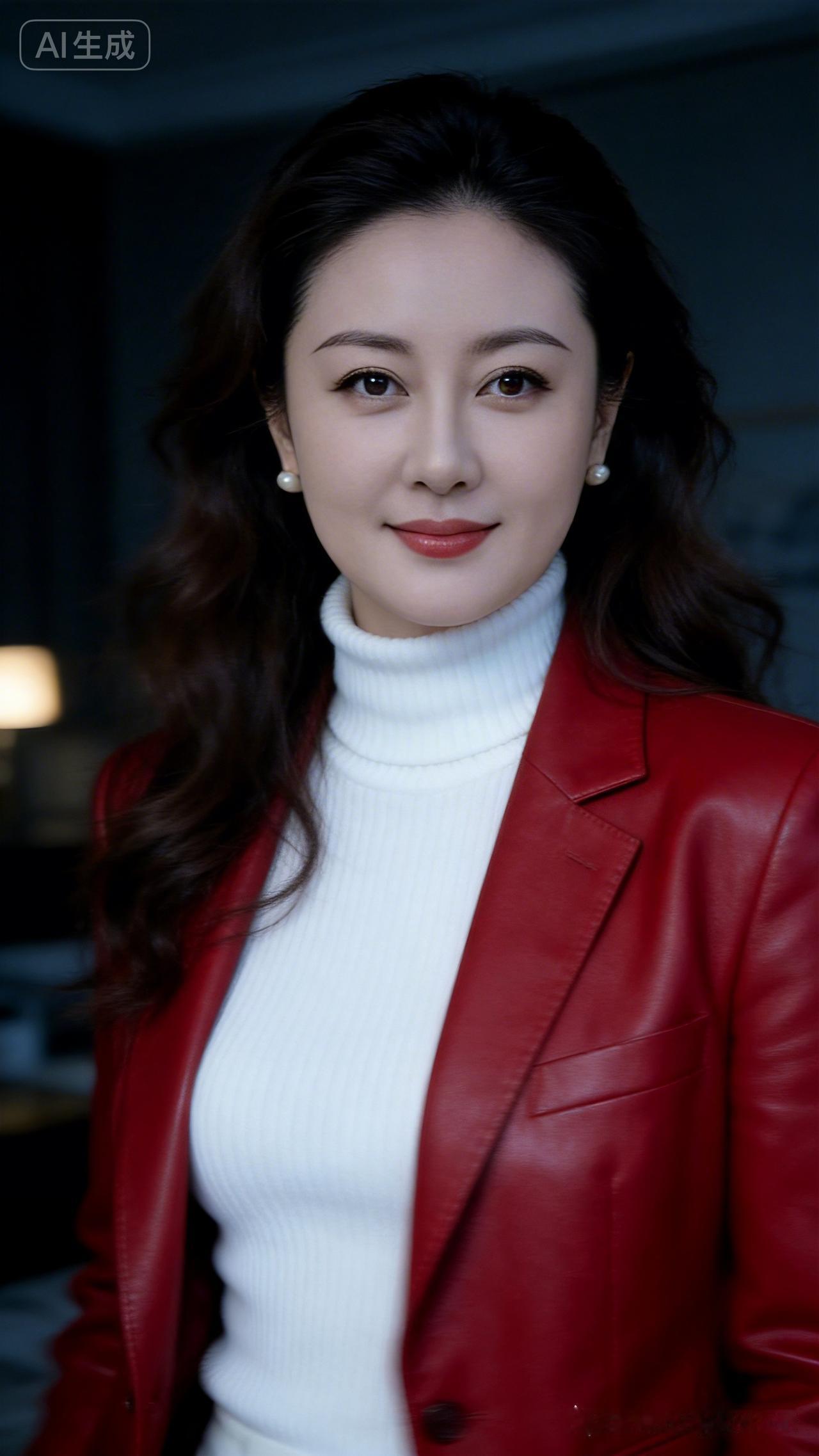 优雅红皮衣，白高领毛衣，气质满分！💃🏻✨