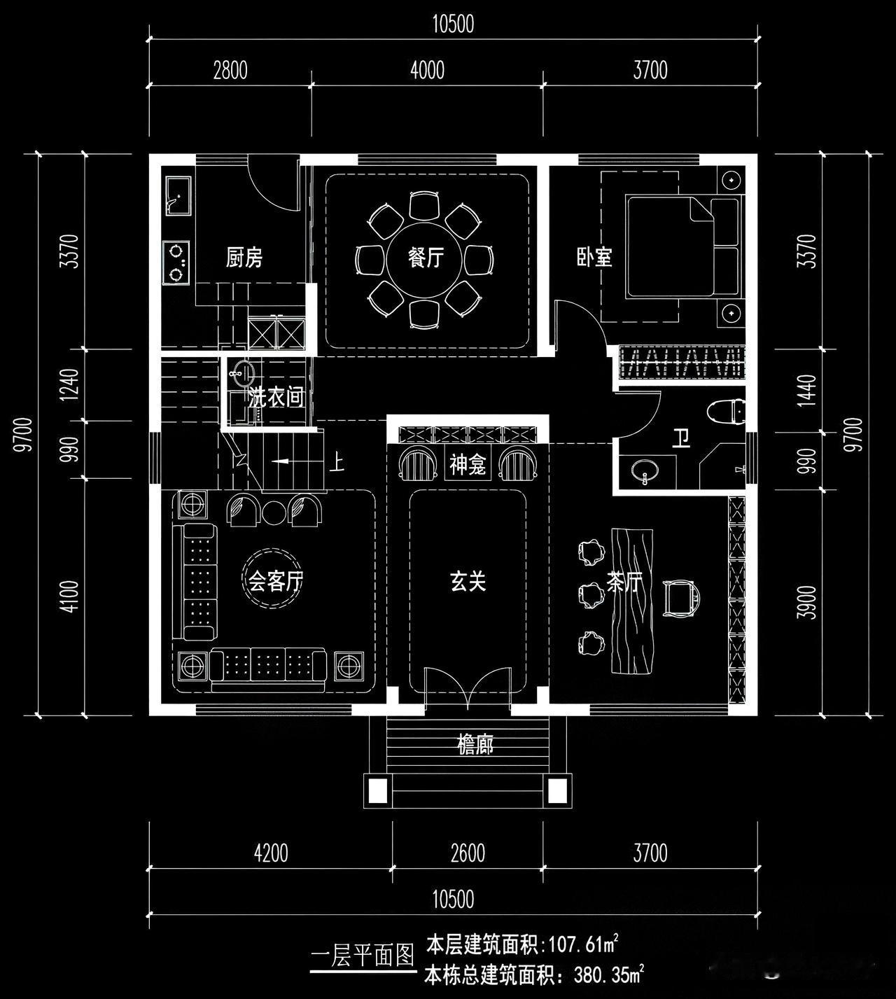 二层乡村自建房设计分享，占地尺寸：10.5米X9.7米。
功能布局：4房4厅2卫