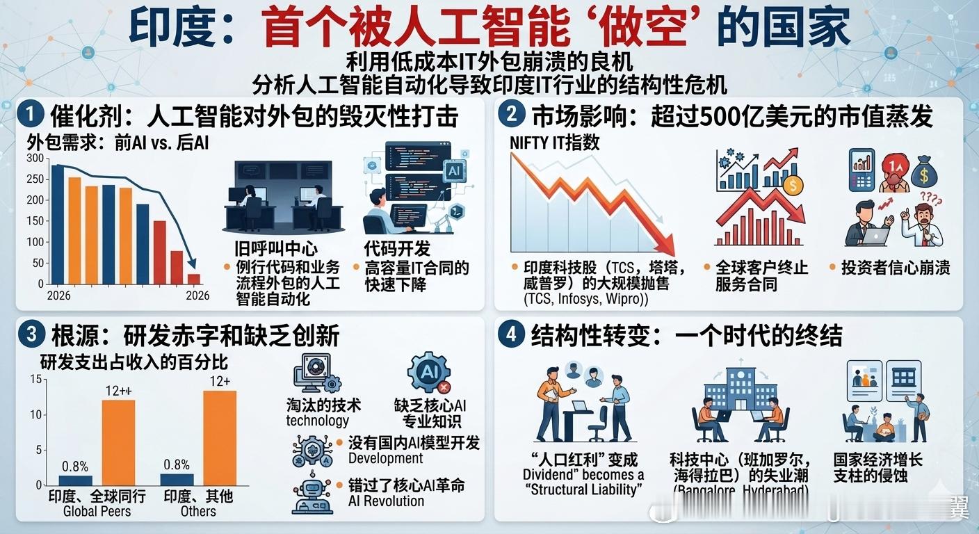 印度成首个被AI做空的国家 印度的IT巨头如塔塔咨询（TCS）和印孚瑟斯（Inf