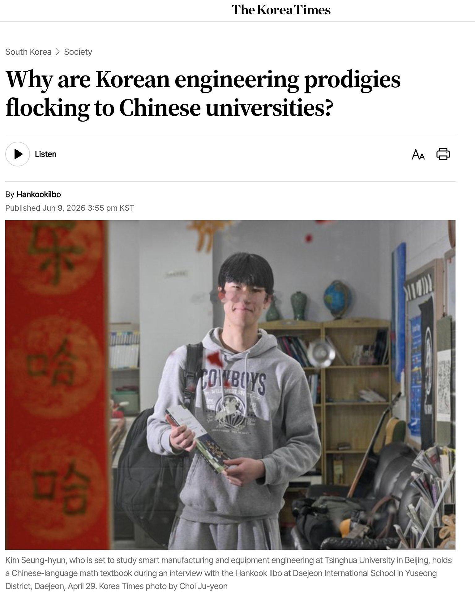 韩国时报报道，韩国顶尖人正纷纷涌向中国高校，而不是在韩国读大学。他们普遍会报考清