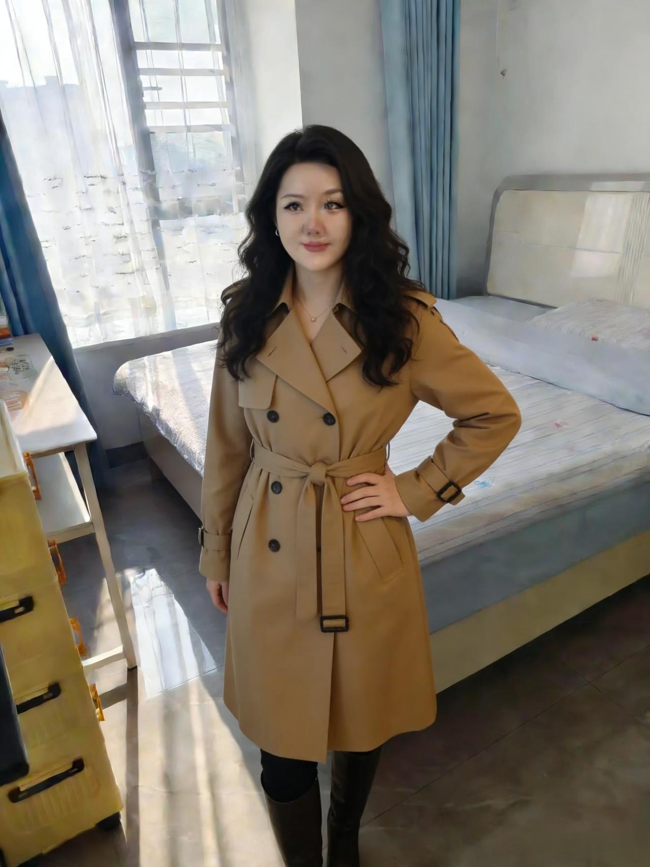 卡其风衣衬素颜，窗边立影自安闲。
暖阳偷入吻鬓角，不羡春风度远山。