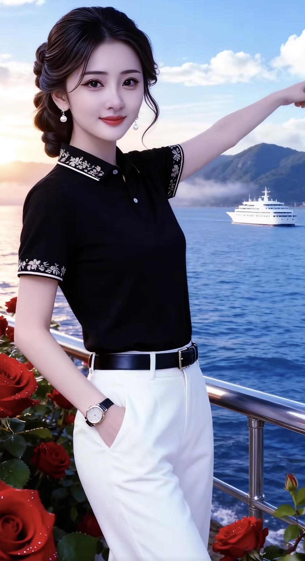 优雅海风中，黑衣红玫瑰，尽显迷人风情。玫瑰红装美女 黑西装红玫瑰 黑礼服与玫瑰 