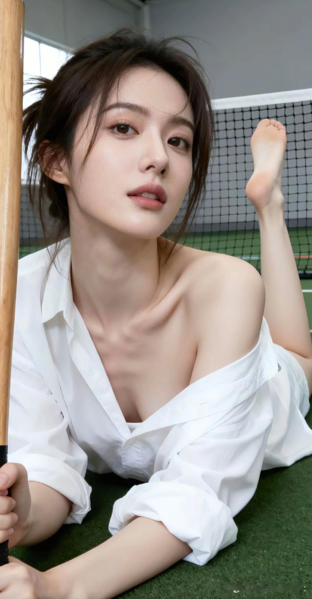 球场白衬衫杀疯了！松垮白衬裹着清透易碎感，领口微敞漏出纤细锁骨，高马尾碎发扫过肩