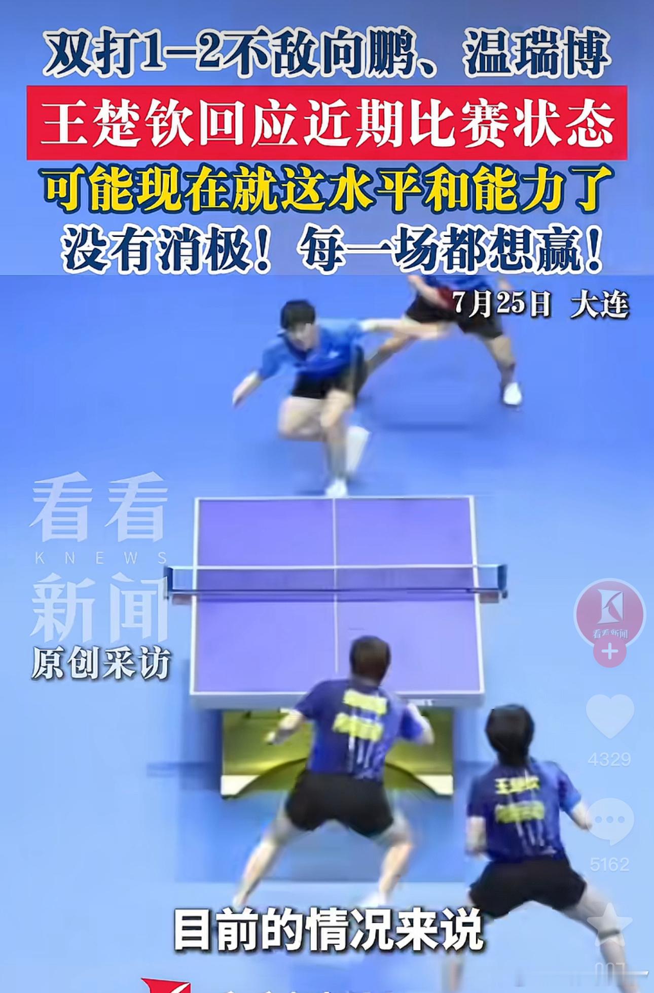 又爆冷输球了继徐海东，张煜东等后，大连乒超联赛男子双打中，王楚钦，梁靖崑等国片正
