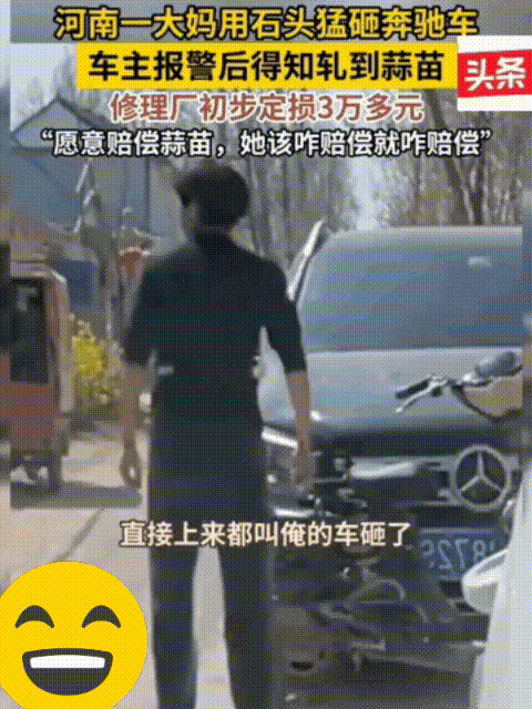 大妈怒砸奔驰车，称其轧到蒜苗，不料，奔驰车定损3.7万，退休金不够赔，大妈被吓哭