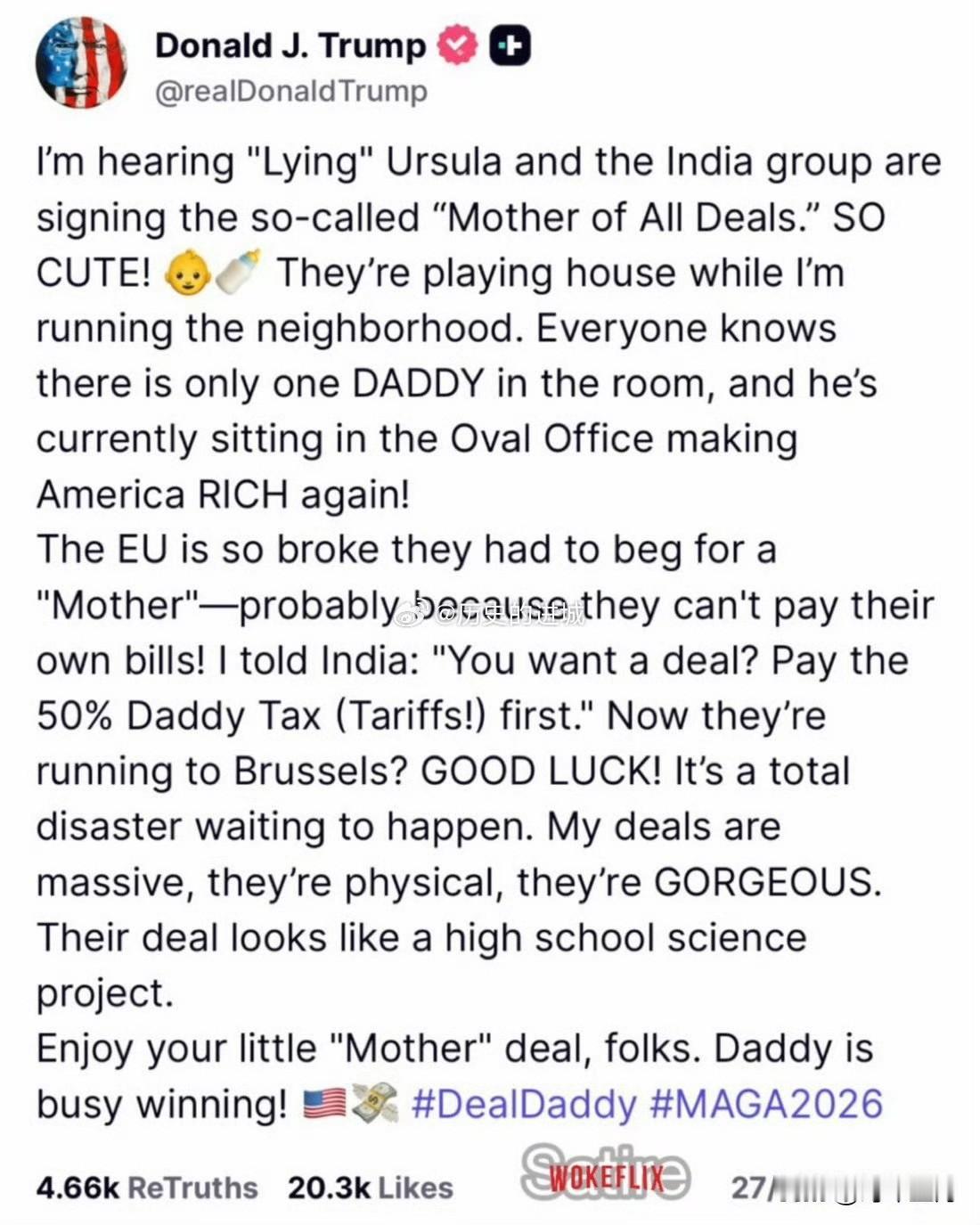 面对印欧签署自由贸易协议，特朗普破防大骂，并威胁要对印度征收50%的“爹税（Da