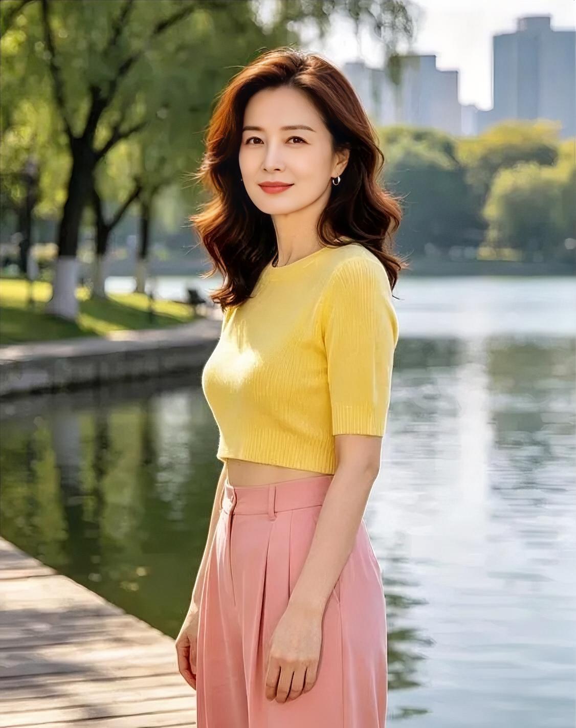《湖畔晴光》

明黄针织，轻搭粉裙微漾，

卷发随风，垂落温婉时光。

木栈湖畔