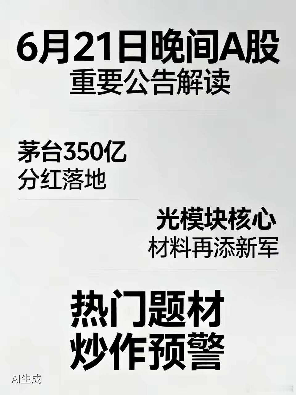 🔥6月21日晚间A股重要公告解读！茅台350亿分红落地+光模块核心材料再添新军