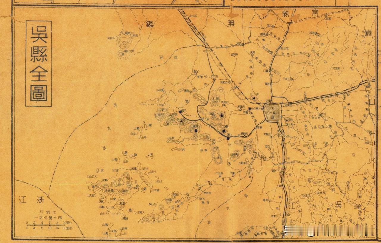 1949年解放前夕的江苏吴县地图。吴县又称苏州，是非常典型的江南水乡，境内多湖泊