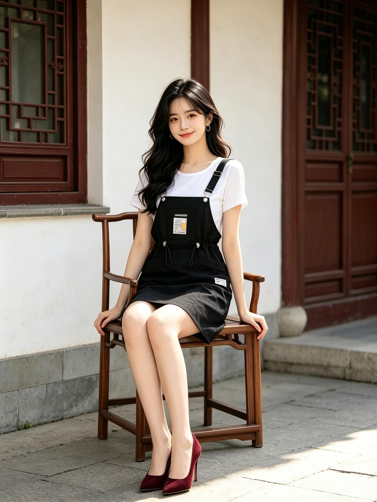 女人如何穿出含蓄的性感?
古韵庭院里，少女穿背带裙配红高跟，笑靥如花，优雅与俏皮