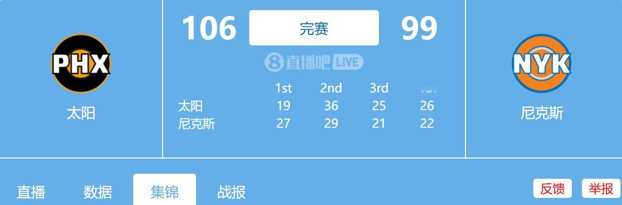 名称：1.18日 NBA常规赛 太阳vs尼克斯 全场比赛录像回放描述：太阳送尼克