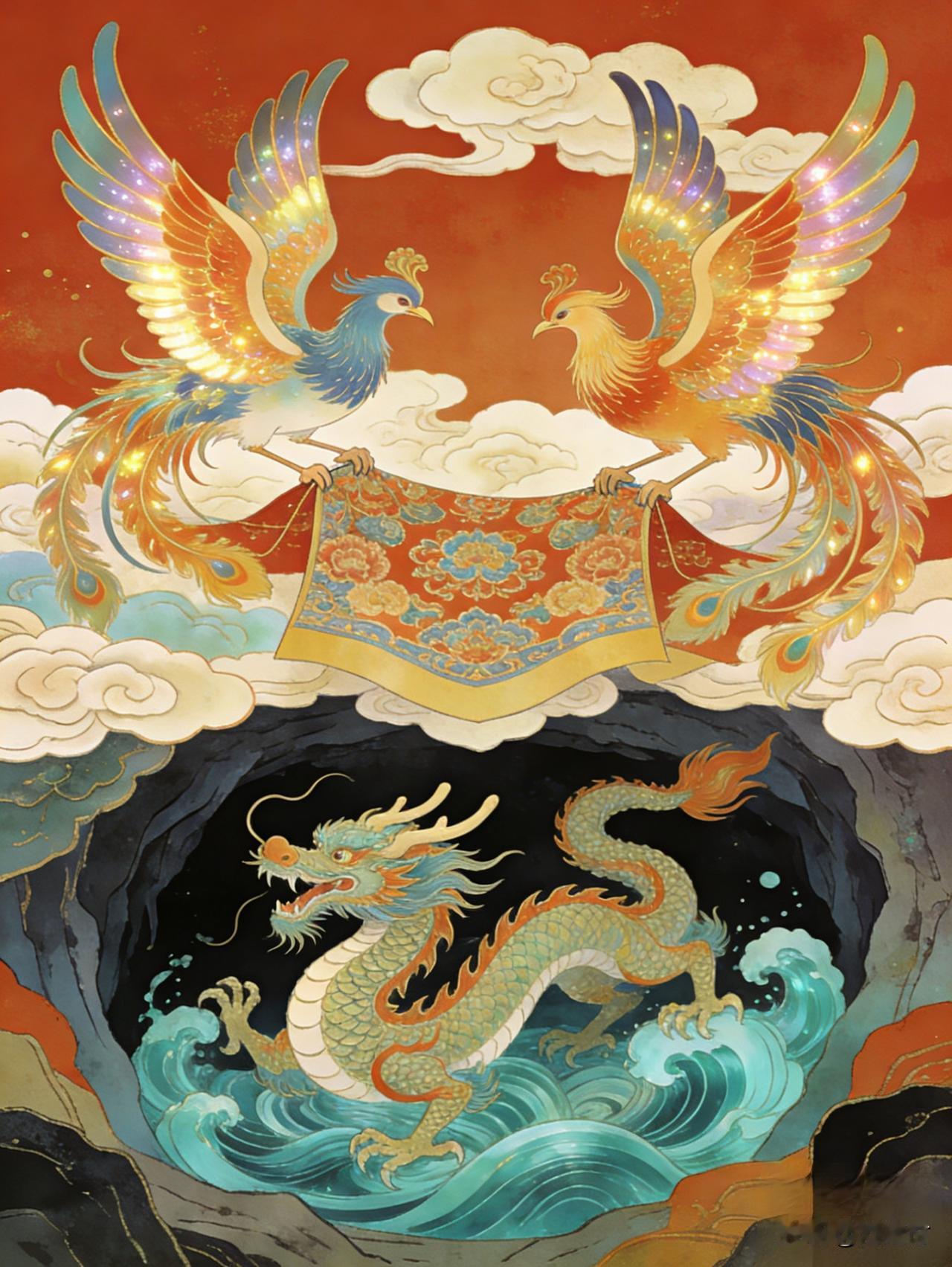 上联： 双凰振翅裁云锦，
下联：一龙腾渊卷碧波。