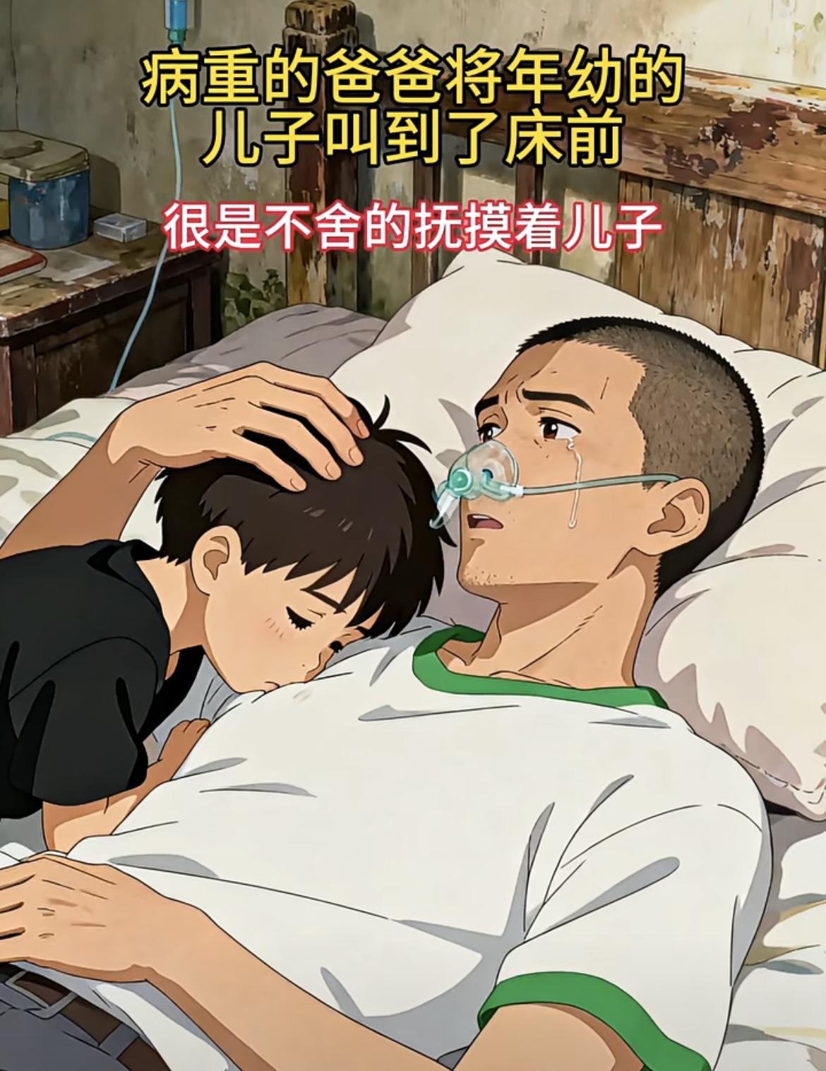 “ 病重的父亲将儿子叫到身旁，嘱咐着孩子：妈妈改嫁了，爸爸不能陪你一辈子了，以后