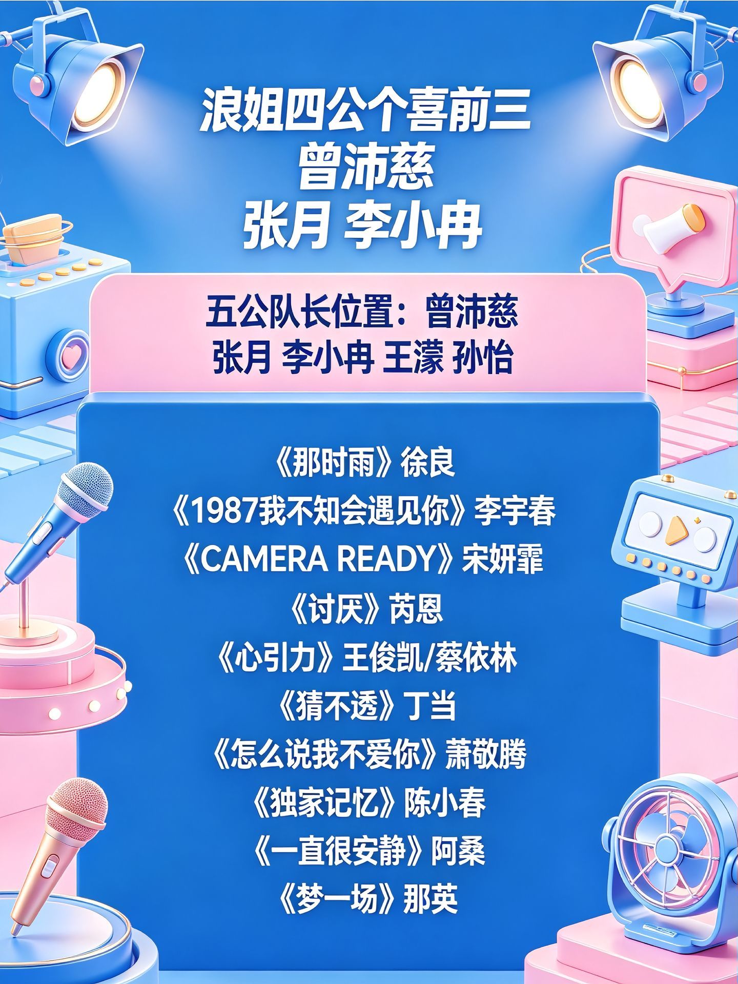 浪姐四公个喜人气排名浪姐四公个喜排名和五公选曲出炉！恭喜沛慈姐个喜终于第一名！！