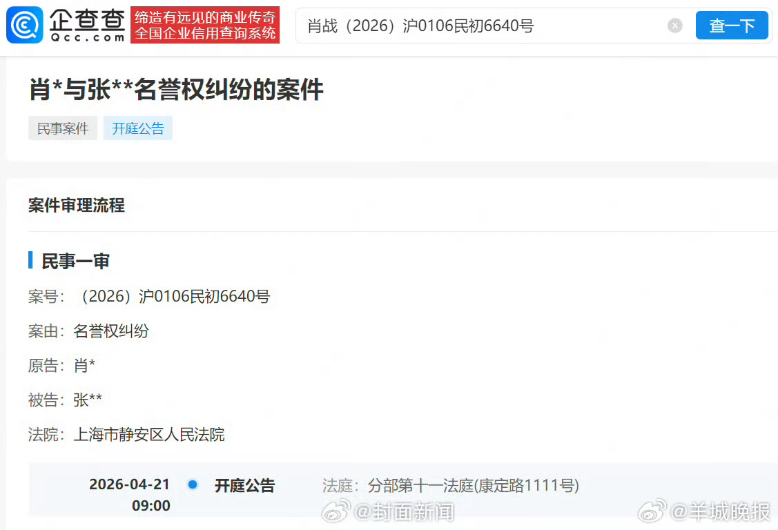 【#肖战维权案4月开庭#】#肖战新增名誉维权案#企查查APP显示，近日，法院刊登