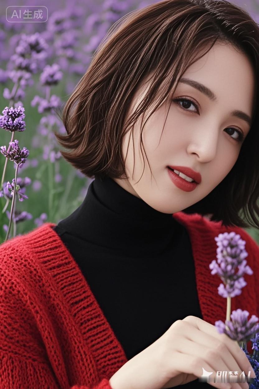 温柔少女在花海中，红衣黑衫，浪漫如梦