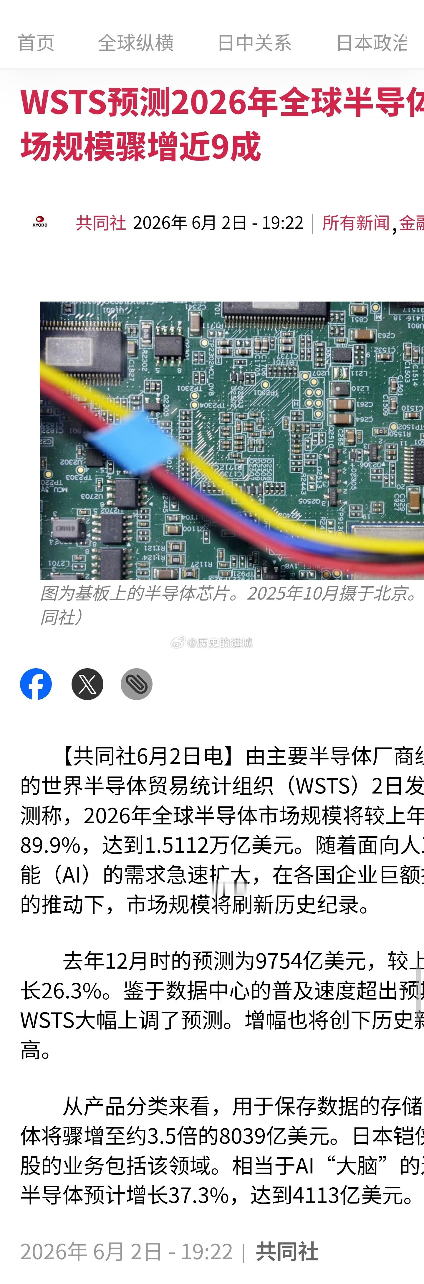 世界半导体贸易统计组织（WSTS）2日发布预测称，2026年全球半导体市场规模将