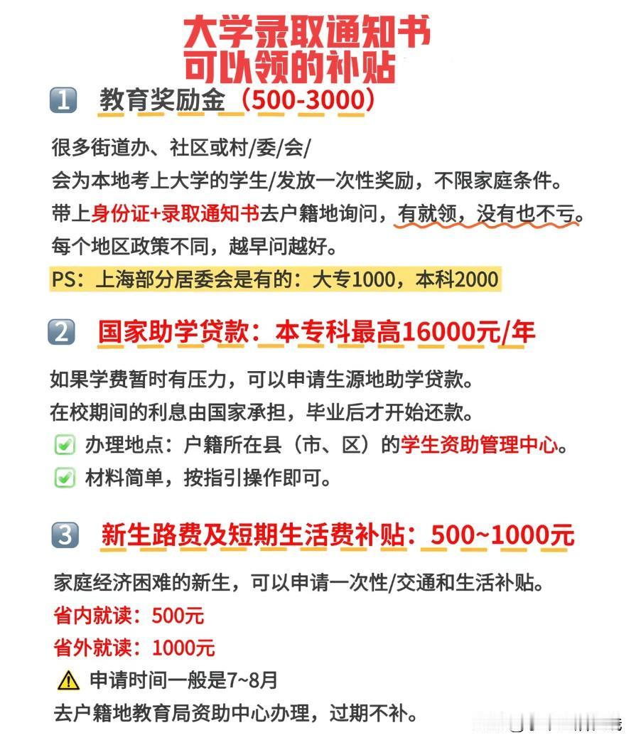 收到大学录取通知书，不只是开学的凭证，还对应不少福利政策。包含地方教育奖励金、生