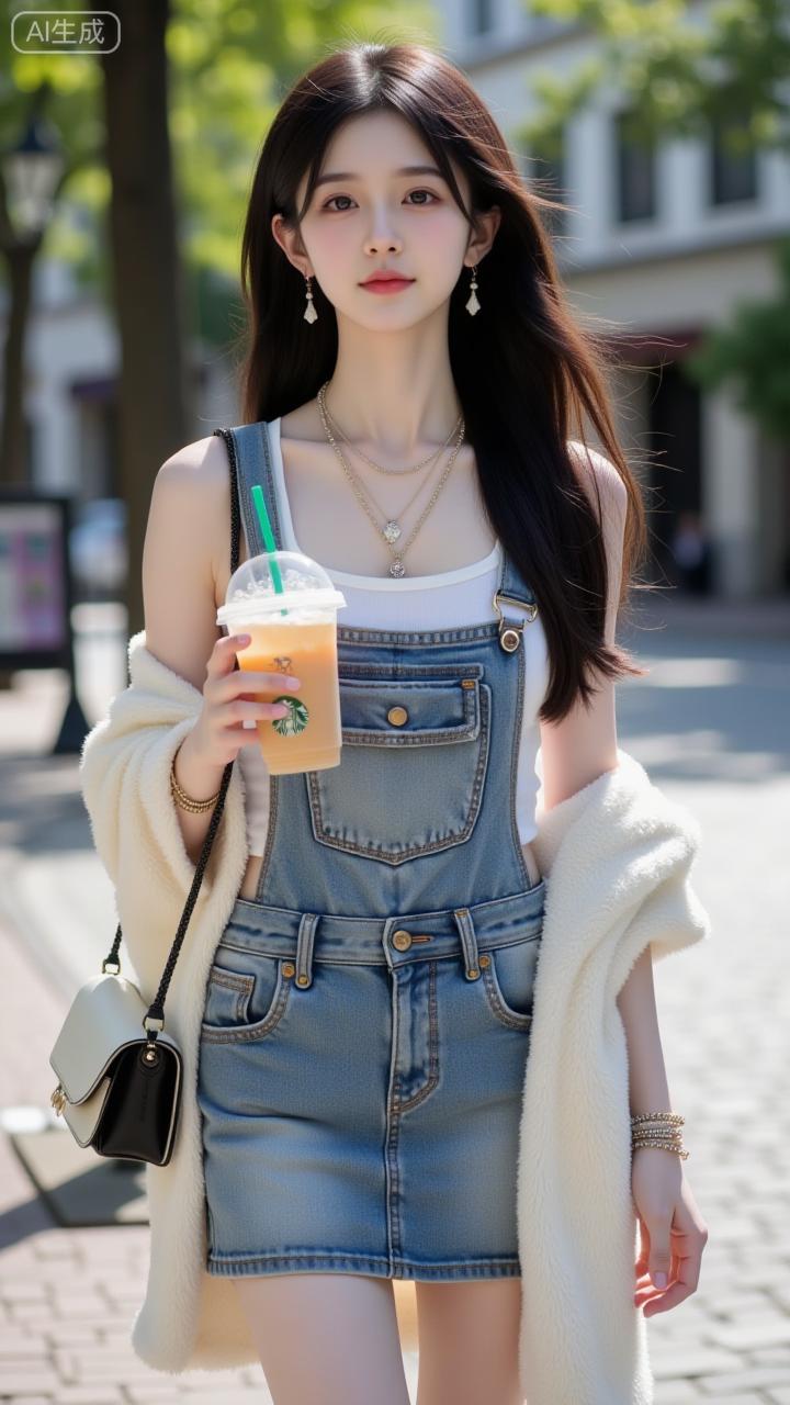 【星巴克街拍】米白外套配牛仔背带裙，一身清爽出街look！手捧咖啡，长发随风，在