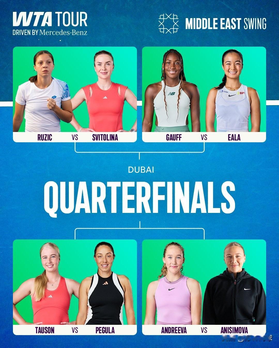 WTA1000迪拜八强对阵
18：00，🇺🇸佩古拉vs陶森🇩🇰
19：3