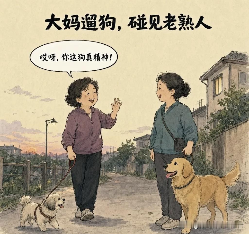 趣味漫画：大妈遛狗，碰见老熟人：「哎呀你这狗真精神！」对方得意：「纯种金毛，三万