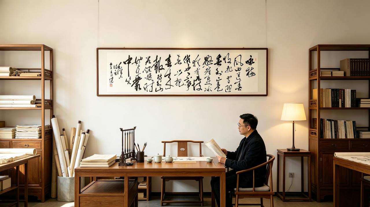 书房西墙悬着一幅横幅毛体草书《咏梅》，朱砂印钤于落款处，与宣纸上奔放的墨色相映成