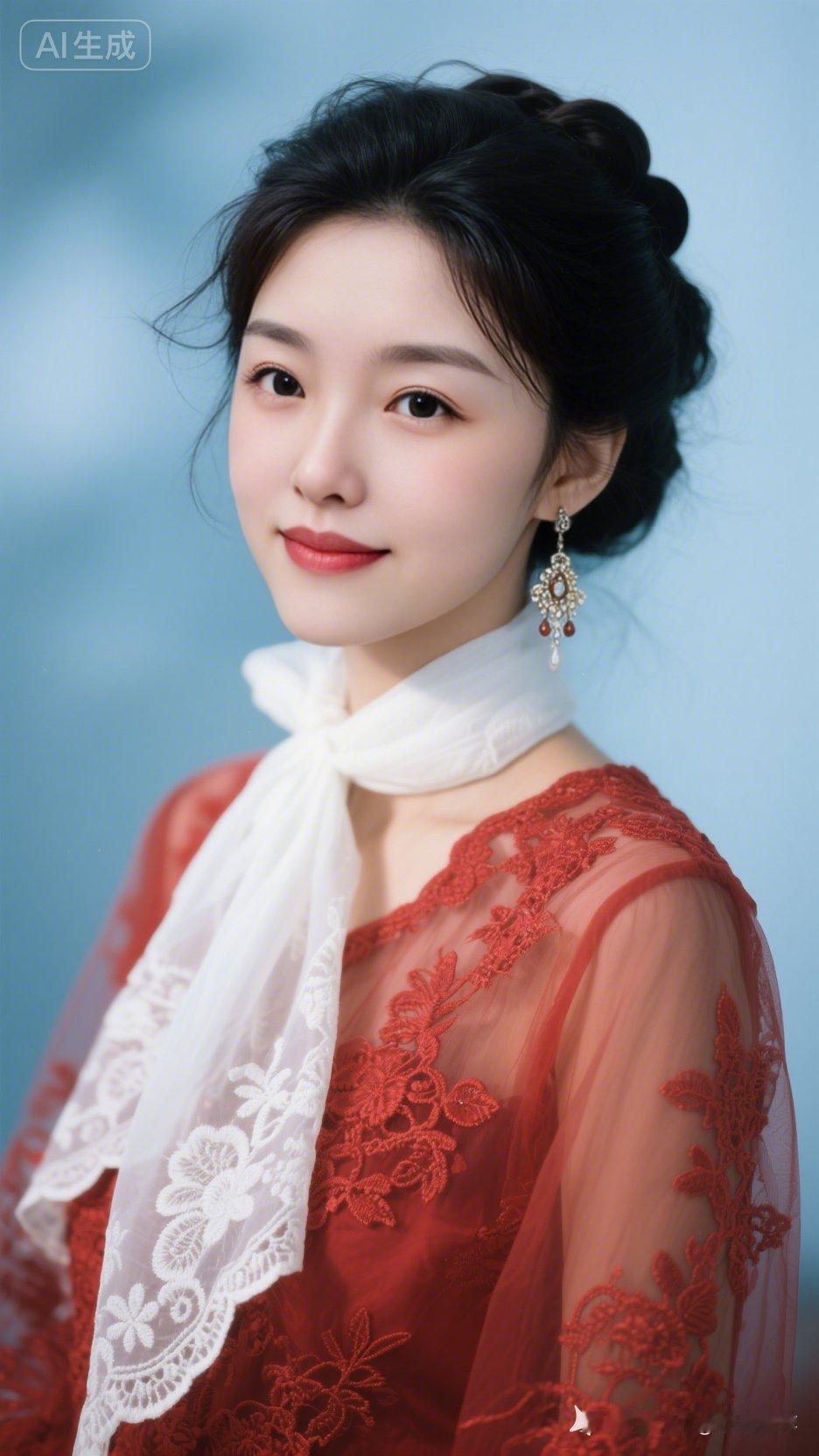 温柔优雅的新娘造型，红色蕾丝裙搭配白色头纱，尽显浪漫气息。