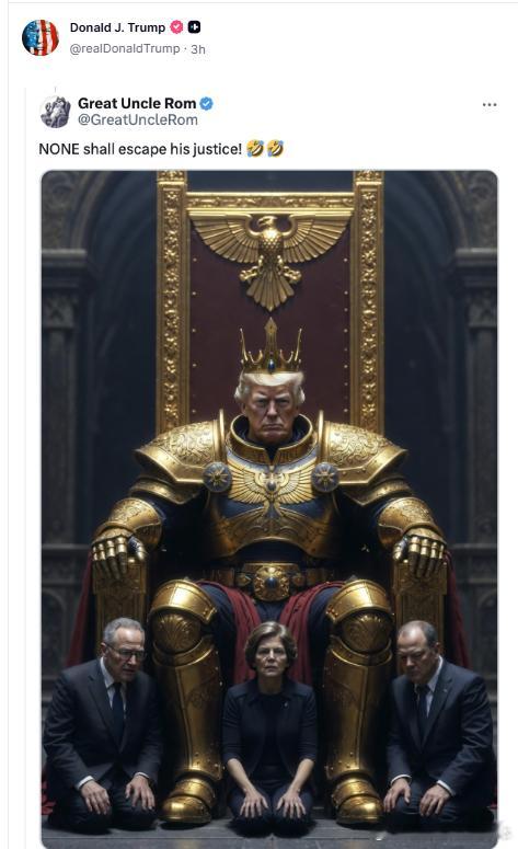 【黄金时代】川普发布了一张“特朗普国王”的照片，照片中查克·舒默，印地安公主等其