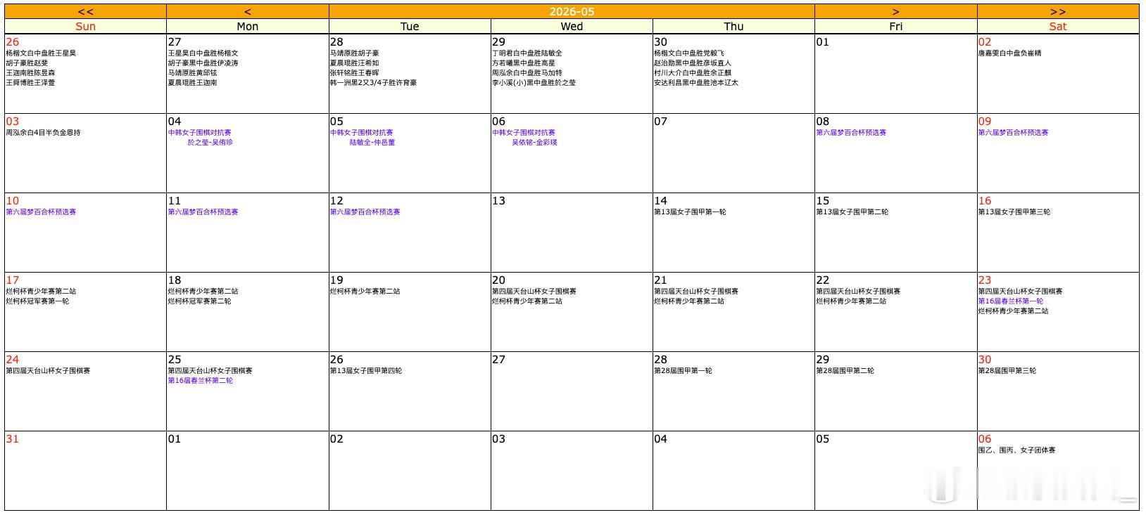 围棋比赛 五月赛程，大概差不多这些吧 