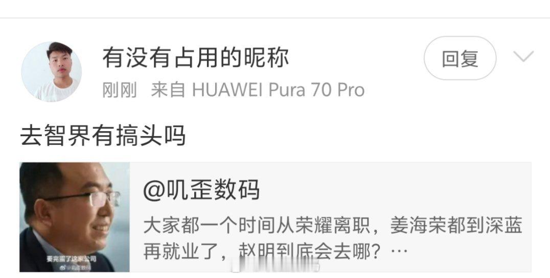 早上我建议赵明，要么去智界，要么去小米。有些网友觉得我这样的建议不好，我再给你们