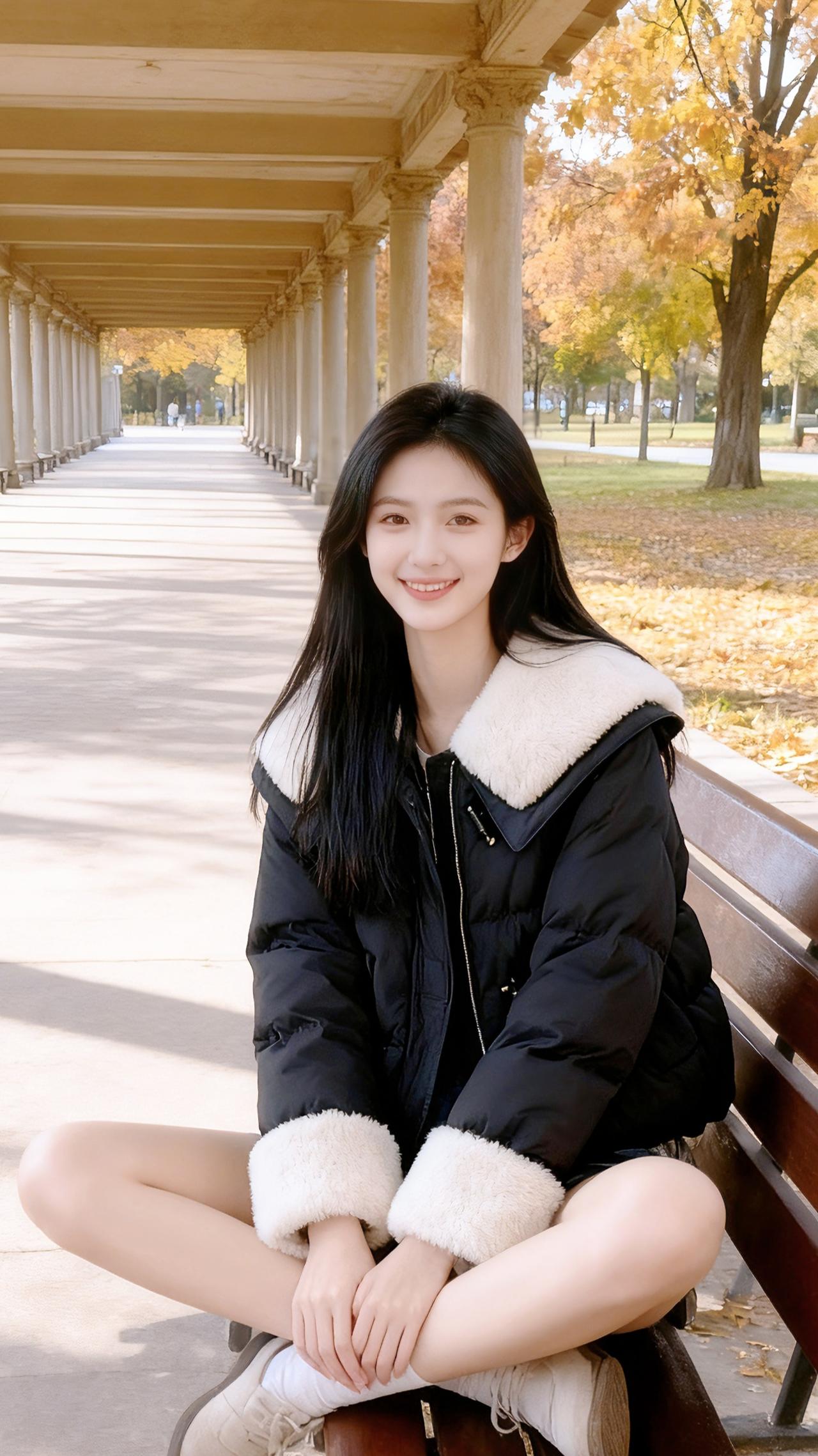 秋阳把公园长廊的石柱染成暖金色，风裹着银杏叶在她发梢打了个旋。黑色羽绒服的毛领衬