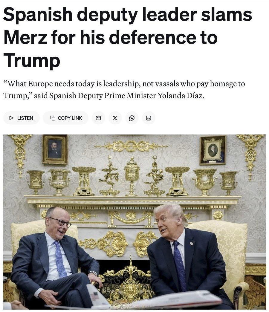 西班牙副首相约兰达·迪亚兹批评德国总理默茨在特朗普于白宫攻击西班牙时保持沉默，指