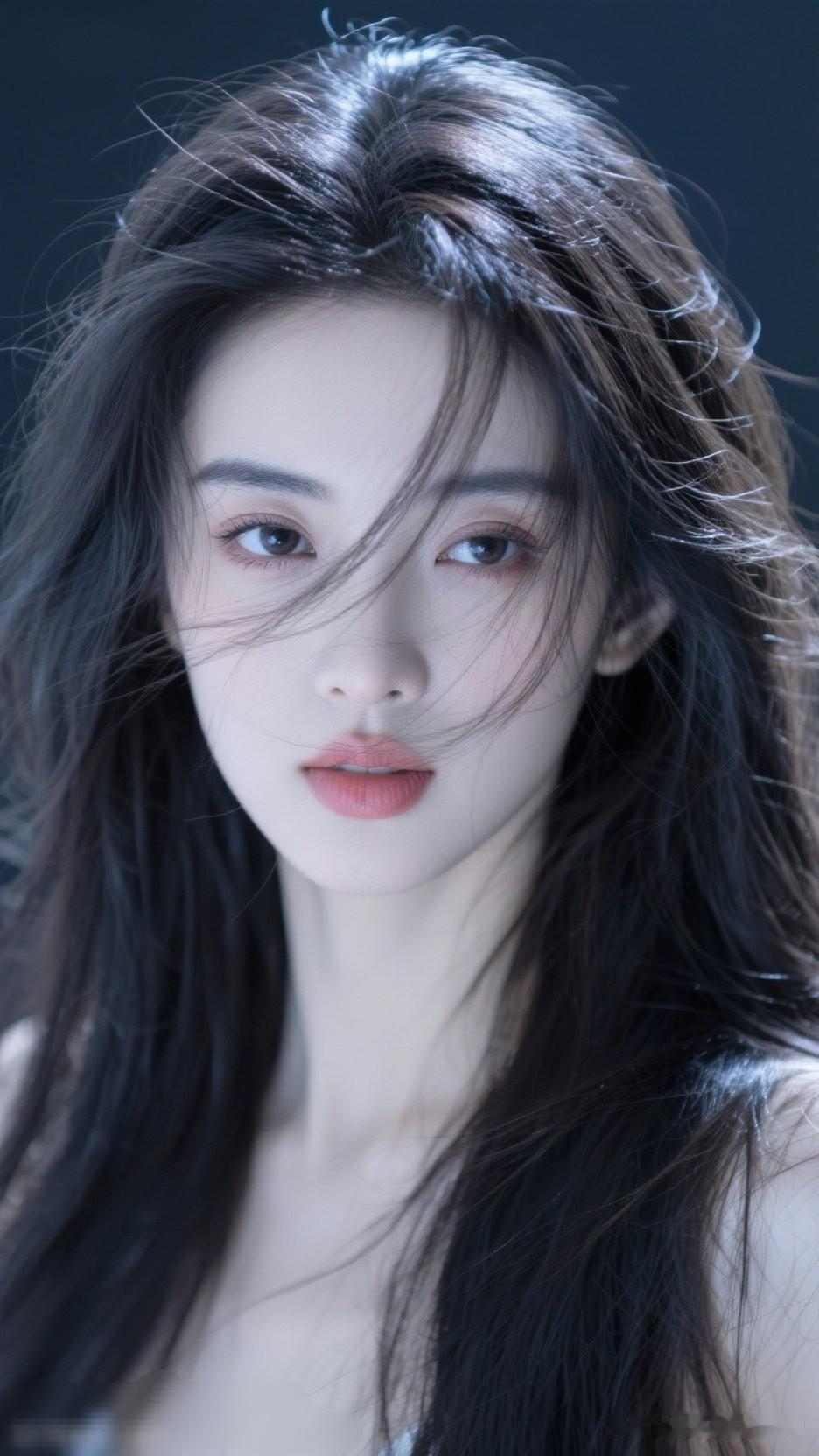 梦幻少女风，柔美发丝飘逸，红唇微启，散发迷人魅力。
