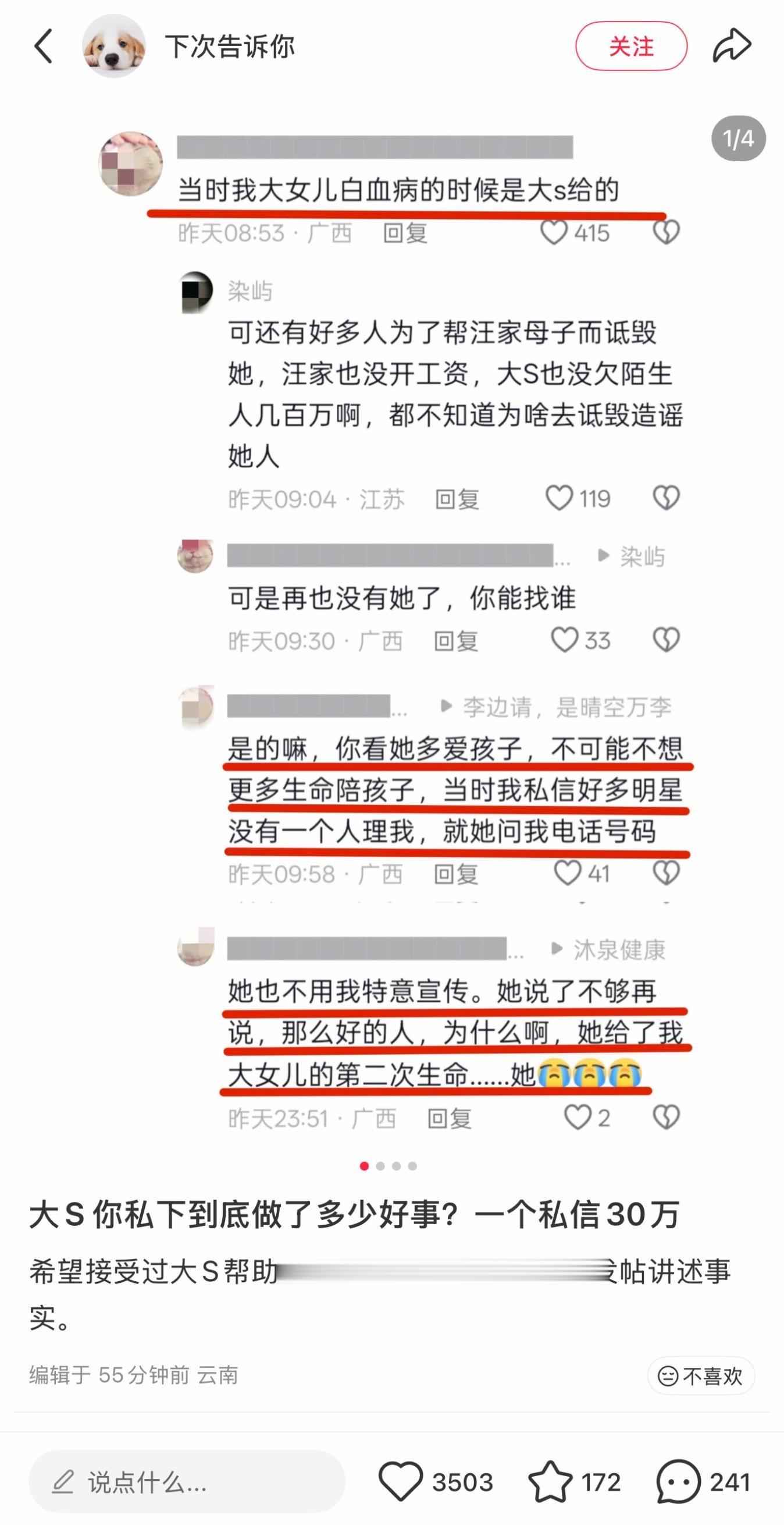 网友女儿白血病私信大S，大S给网友转了30w 网友称：只有大S理我