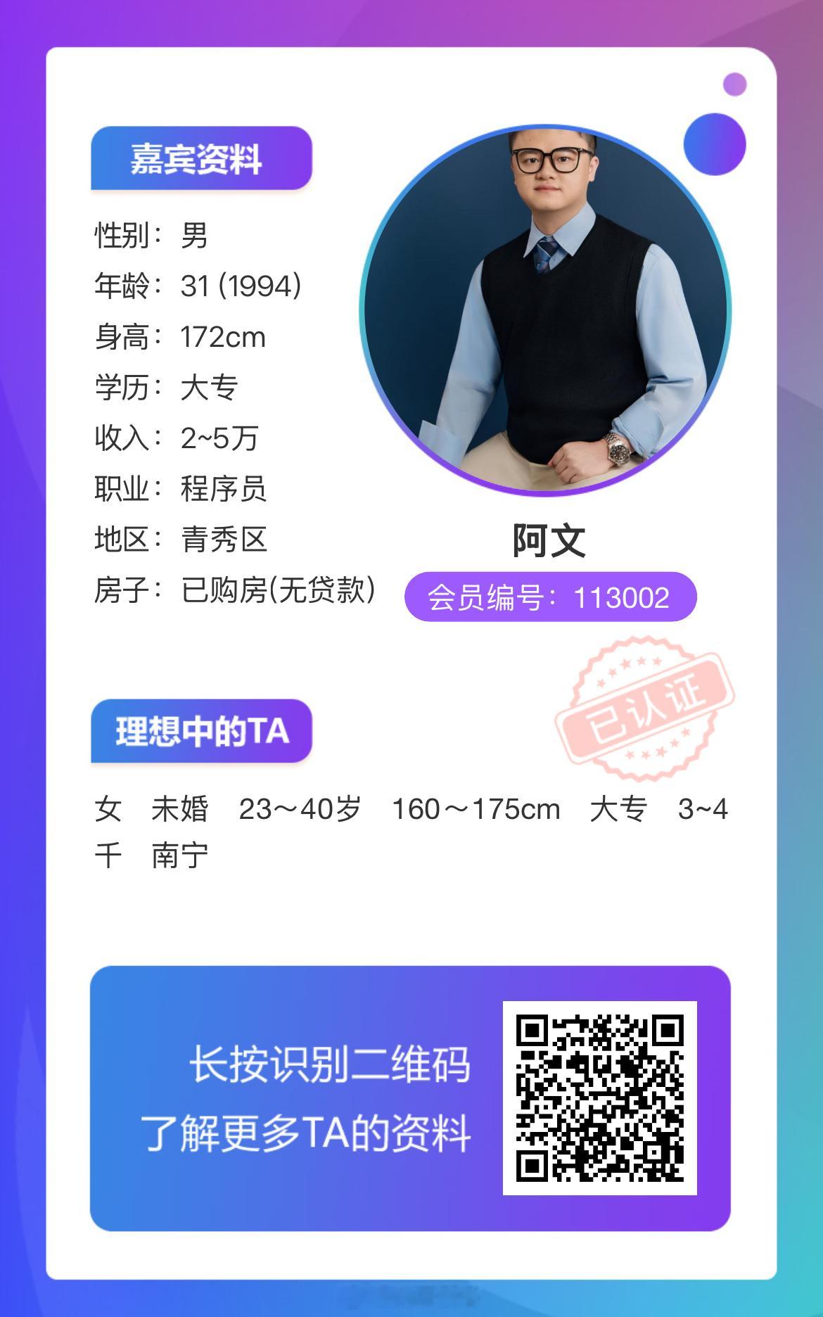 113082男嘉宾：94年，身高172，现居南宁，详情如下↓ 