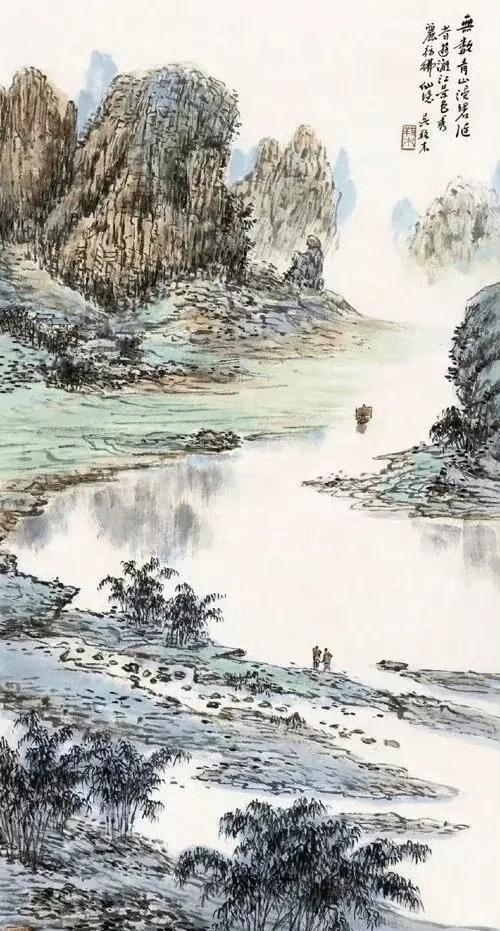 作者加速成长计划这幅山水画太美了，一艘帆船从慢慢驶向远方，江边两人目睹着帆船驶离