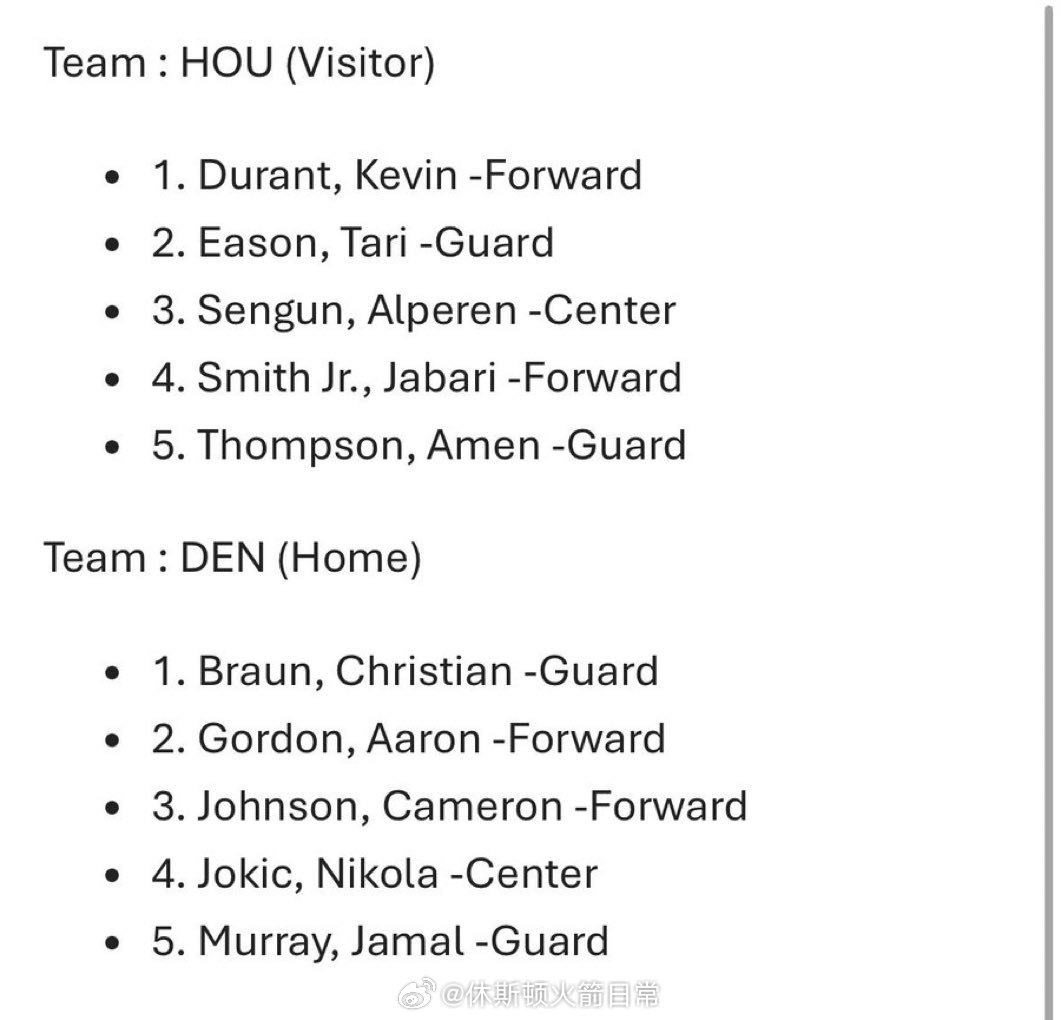 火箭首发老五位，谢泼德替补掘金首发：穆雷、布劳恩、卡梅隆-约翰逊、戈登、约基奇！
