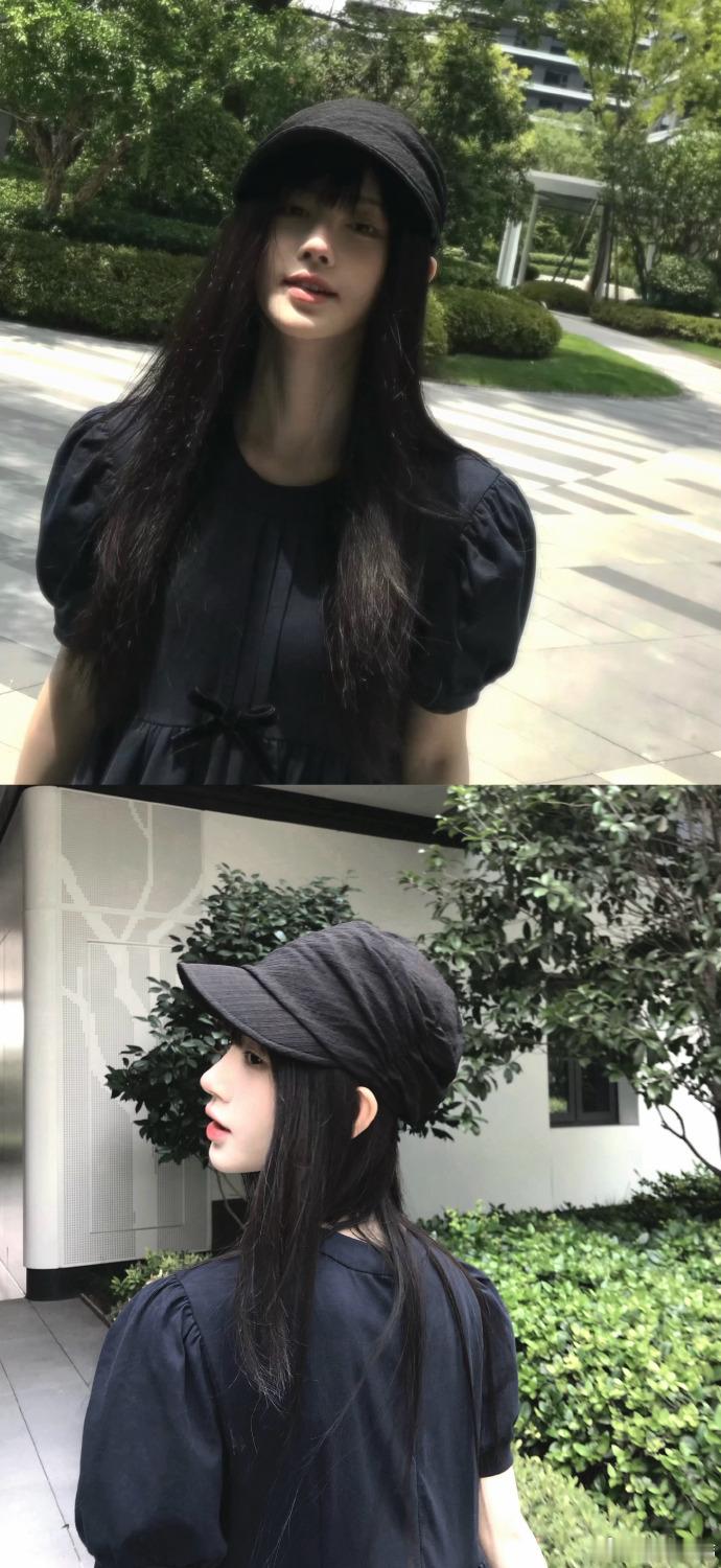 鞠婧祎白的发光了 鞠婧祎出片不看时间地点 黑色系穿搭把肤色衬得愈发透亮，园区草坪