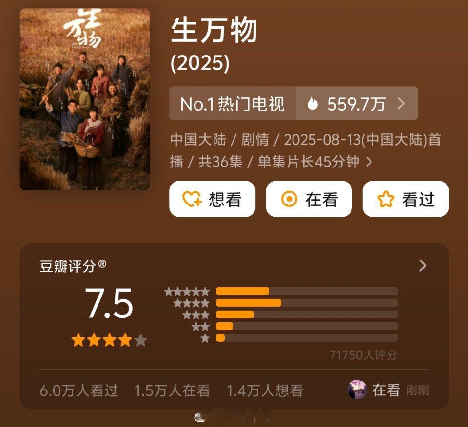 杨幂、欧豪《生万物》豆瓣开分7.5，云合最新41.1％，吸干大盘了 ​​​