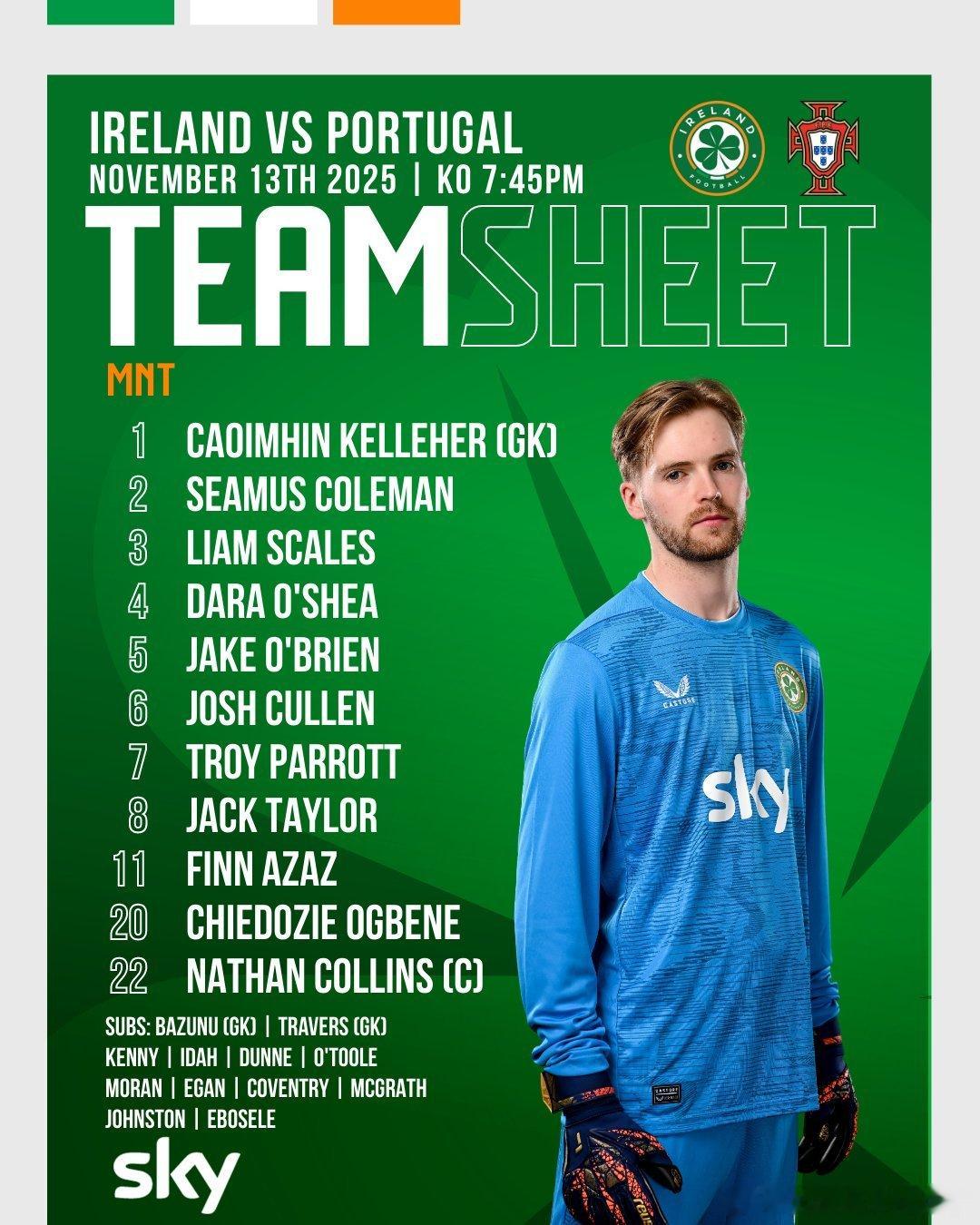 首发阵容⬇️爱尔兰首发：1-凯莱赫、5-奥布莱恩、4-奥谢、22-柯林斯、2-科