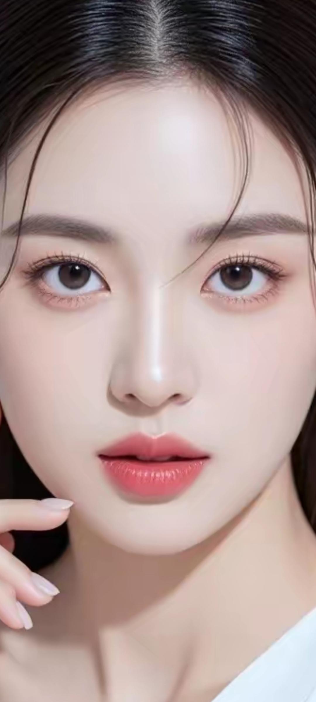 温柔甜美的少女，白皙肌肤，粉嫩唇妆，清新自然。