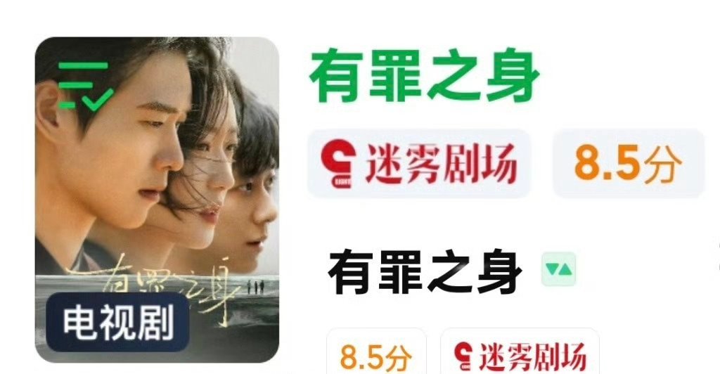 魏大勋剧集有罪之身站内评分涨到8.5了，是2025年到现在，🥝迷雾剧场站内评分