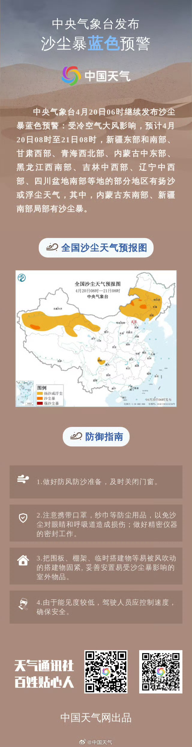 【#多地有扬沙或浮尘天气# 】中央气象台4月20日06时继续发布沙尘暴蓝色预警：