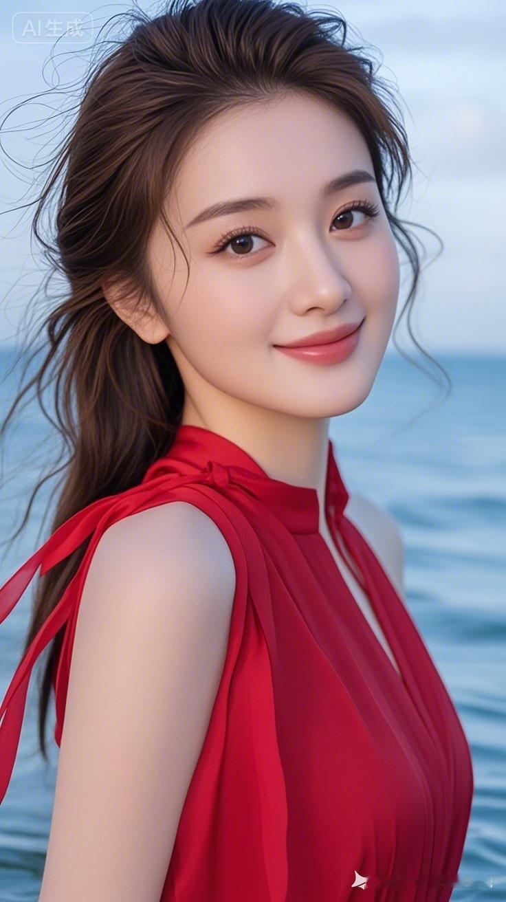 海边红裙少女，微笑如阳光般温暖