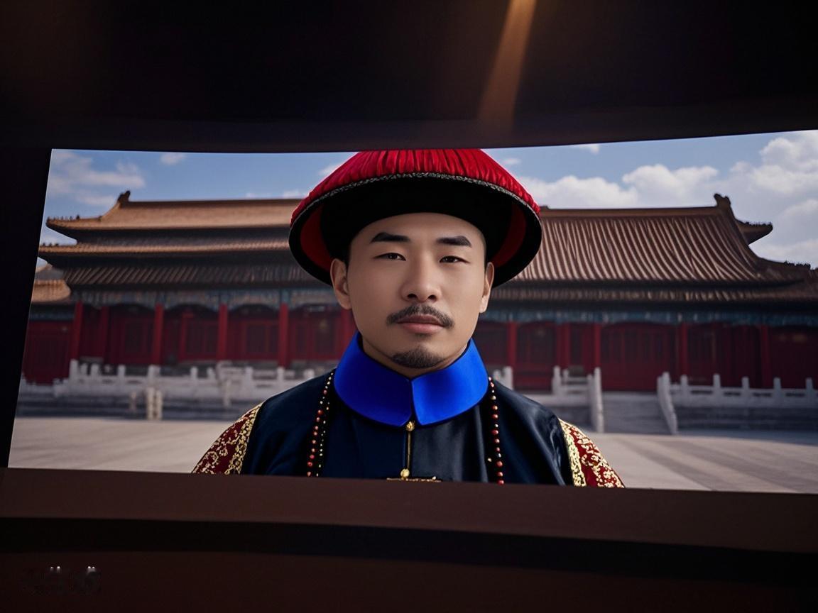 AI写真辑宫阙连绵气势恢宏，身着清装站在其中。人与景相融，为这盛世添一抹寻常色彩