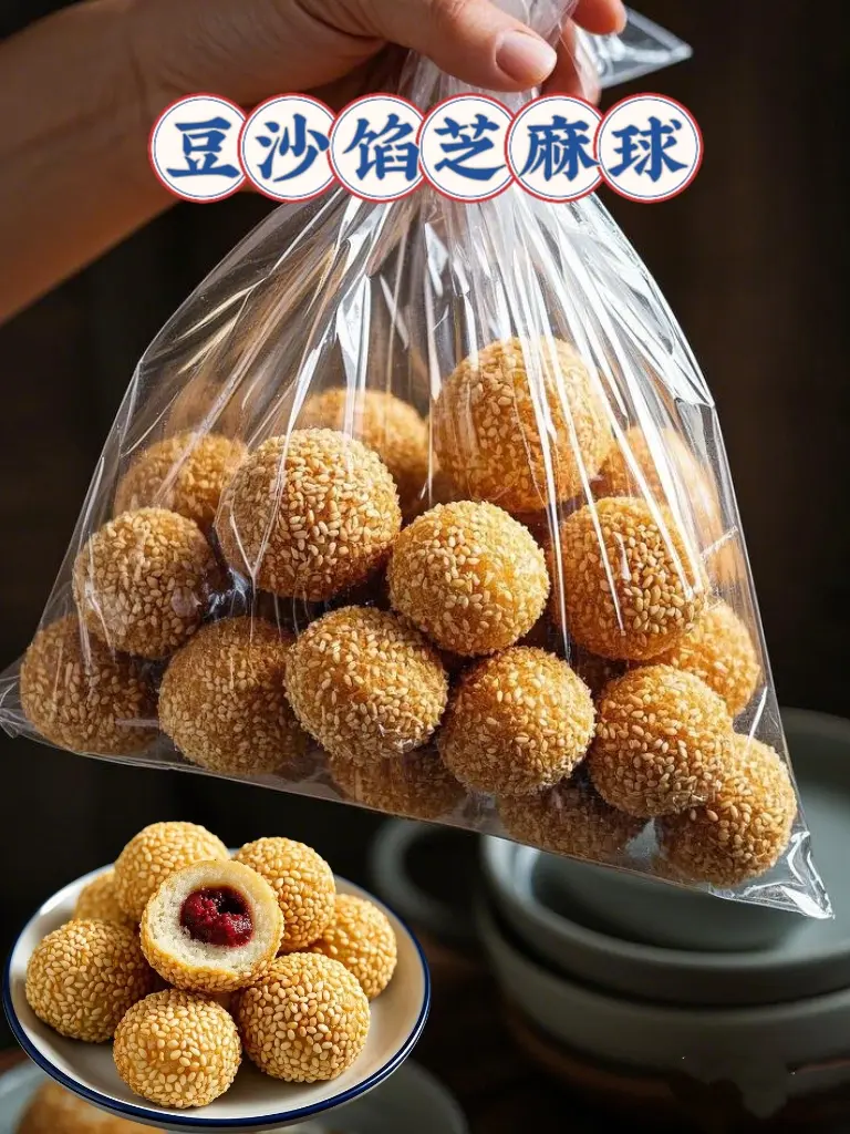 姐妹们～你家的新年美食怎能少了豆沙芝麻球呢？这个芝麻球咬一口下去外酥里...
