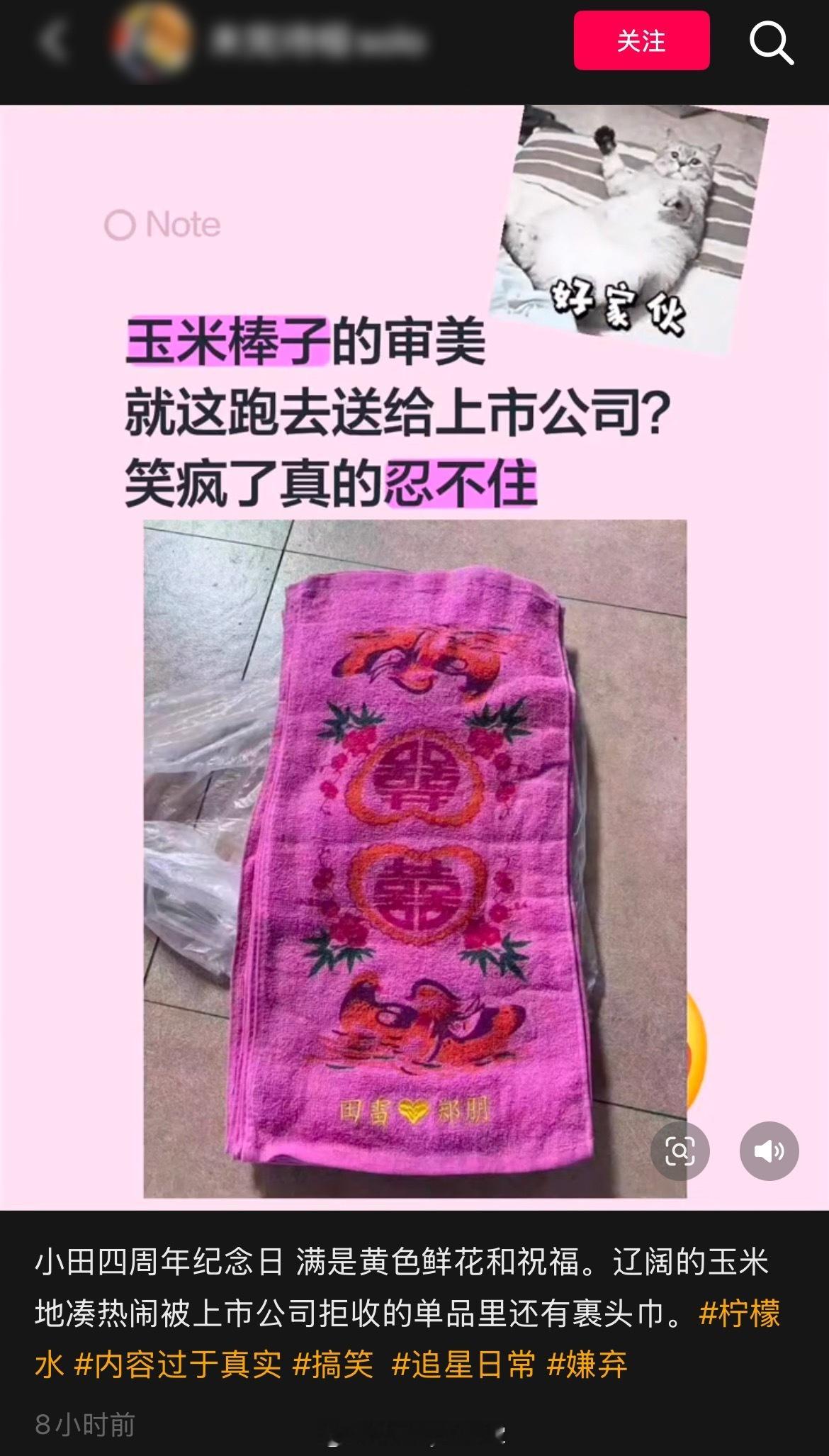 前几天是田栩宁出道四周年纪念日，疑似栩你渝生CP粉送了绣着田栩宁、梓渝名字的毛巾