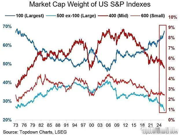 美国标普系列指数中，不同规模股票的市值权重在1973-2024年间的变化趋势：1
