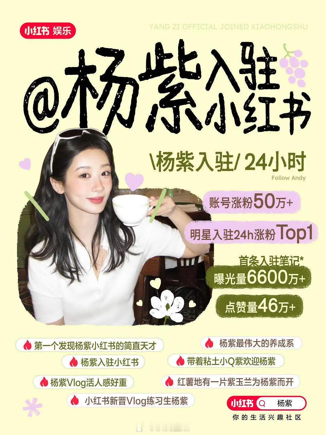 明星入驻24小时涨粉top1，杨紫入驻小红书战报来啦。 