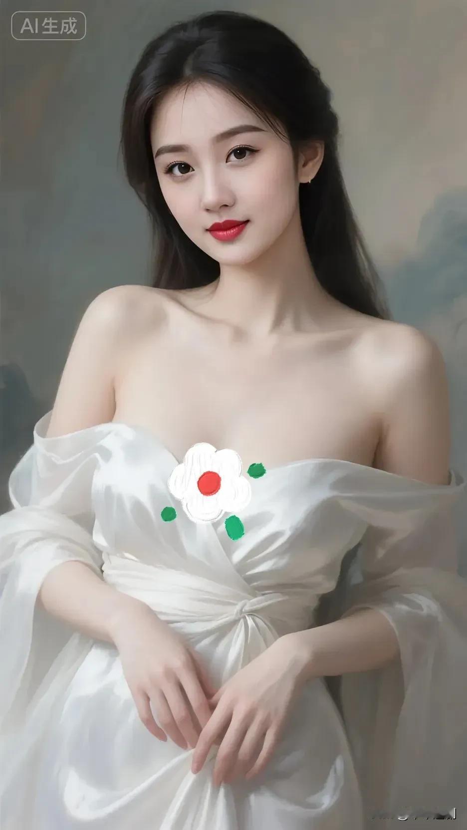 白缎露肩裙衬着油画背景，红唇点缀揉出优雅又明艳的氛围感⚪
温柔风白裙 粉雾玫瑰吊